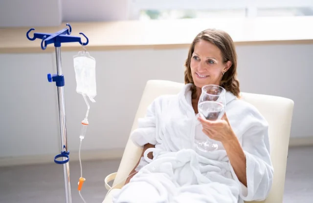 A woman in a white robe sitting in a medical setting, holding a glass of water, with IV drip attache.