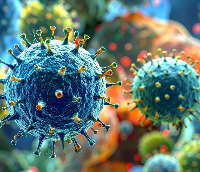 A virus particle with spike proteins on its surface, depicted in vibrant colors.