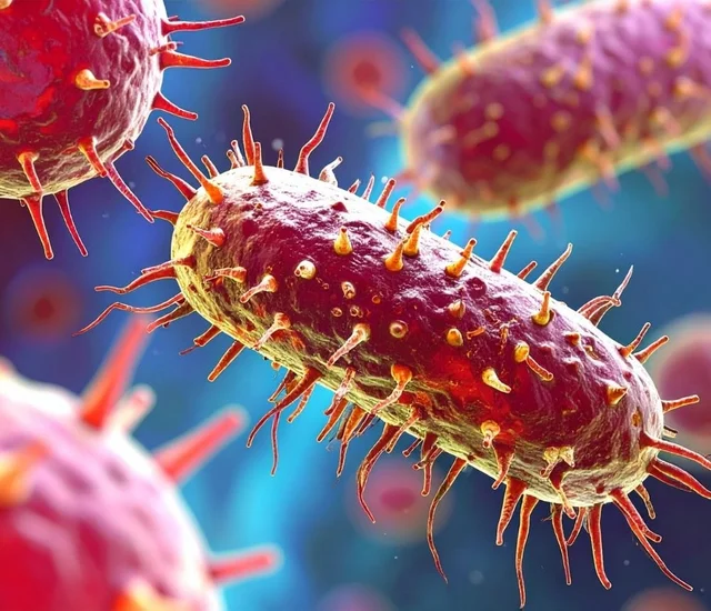 Antibiotic-resistant bacteria with surface spikes, close-up illustration.