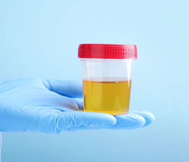 A container with a yellow urine sample held by a gloved hand against a light blue background.