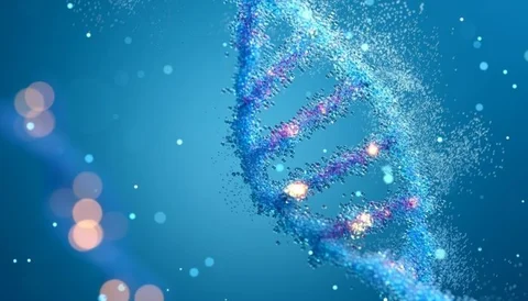 A DNA double helix structure made of glowing particles against a blue background.