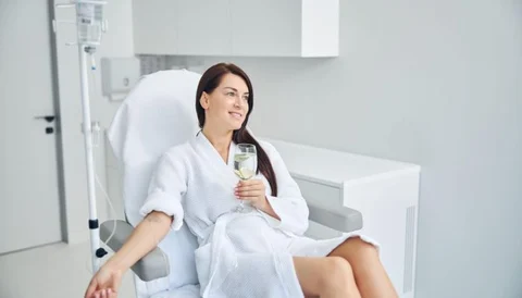 A woman relaxing in a medical chair with an IV drip, holding a glass of water.