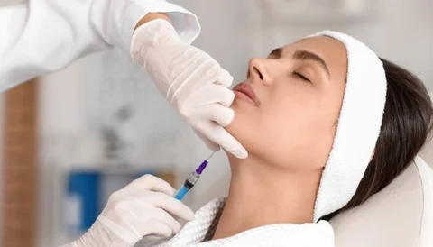 A woman receiving a facial filler injection in a clinic setting.