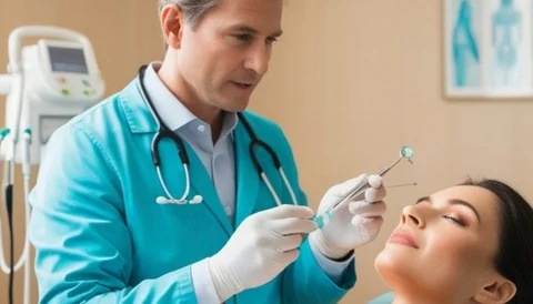 A woman receiving a medical treatment with a doctor holding a syringe in a clinical setting.