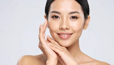 A smiling woman with clear skin touching her face, neutral background.