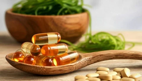 Omega-3 capsules, tablets, and fresh herbs on a wooden surface, with a blurred background.