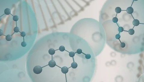 A DNA double helix with molecular structures and spherical representations of molecules.