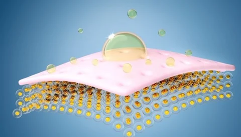 A clear illustration of collagen biostimulation with a droplet on a pink surface and microscopic par.