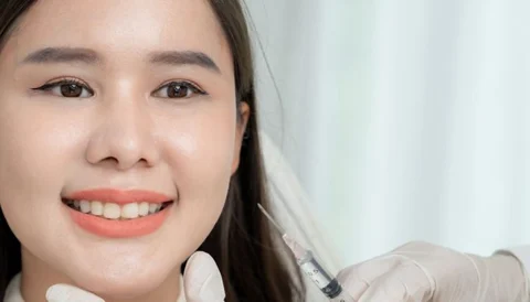 A young woman receiving a facial filler injection from a healthcare professional.