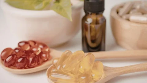 Omega-3 capsules on a wooden spoon with a dropper bottle and herbal leaves in the background.
