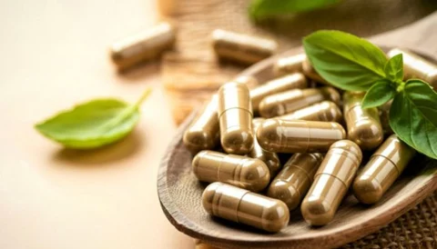 A bottle of supplements on a wooden spoon with green leaves around it.