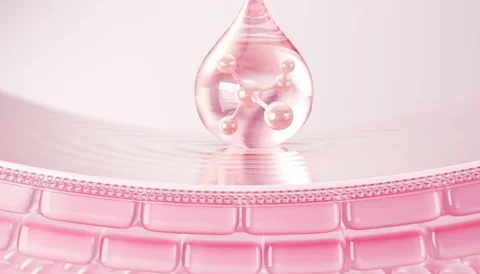 A drop of pink liquid with molecular structures above a textured pink surface.