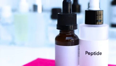 A dropper bottle labeled "Peptide" on a pink cloth with blurred bottles in the background.