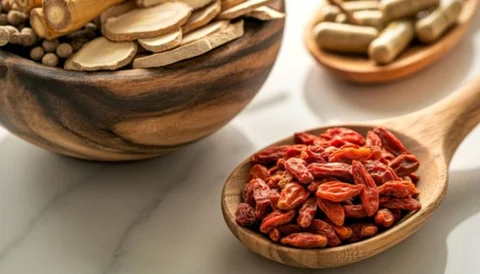A woman holding a wooden spoon filled with dried goji berries, with other herbal ingredients in bowl.