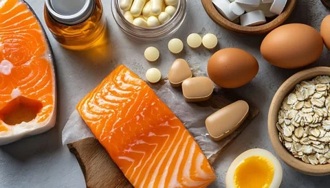 A variety of supplements and healthy foods including salmon, eggs, oats, and pills arranged on a gra.