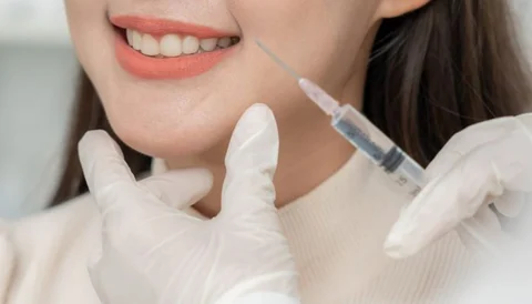 Close-up of a woman receiving a facial filler injection by a medical professional.