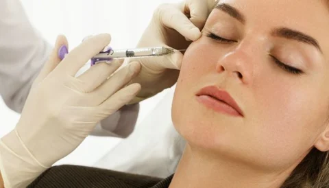 A woman receiving a facial filler injection in her cheek from a medical professional wearing gloves.