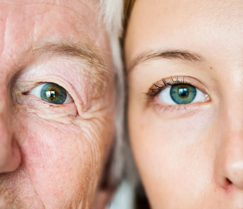 A close-up of an elderly woman's eye and a young woman's eye side by side.