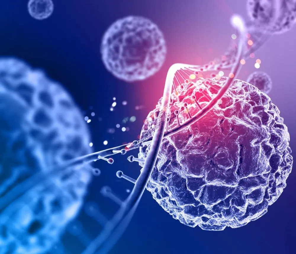 A cell with a DNA strand and surrounding cells in a digital illustration.