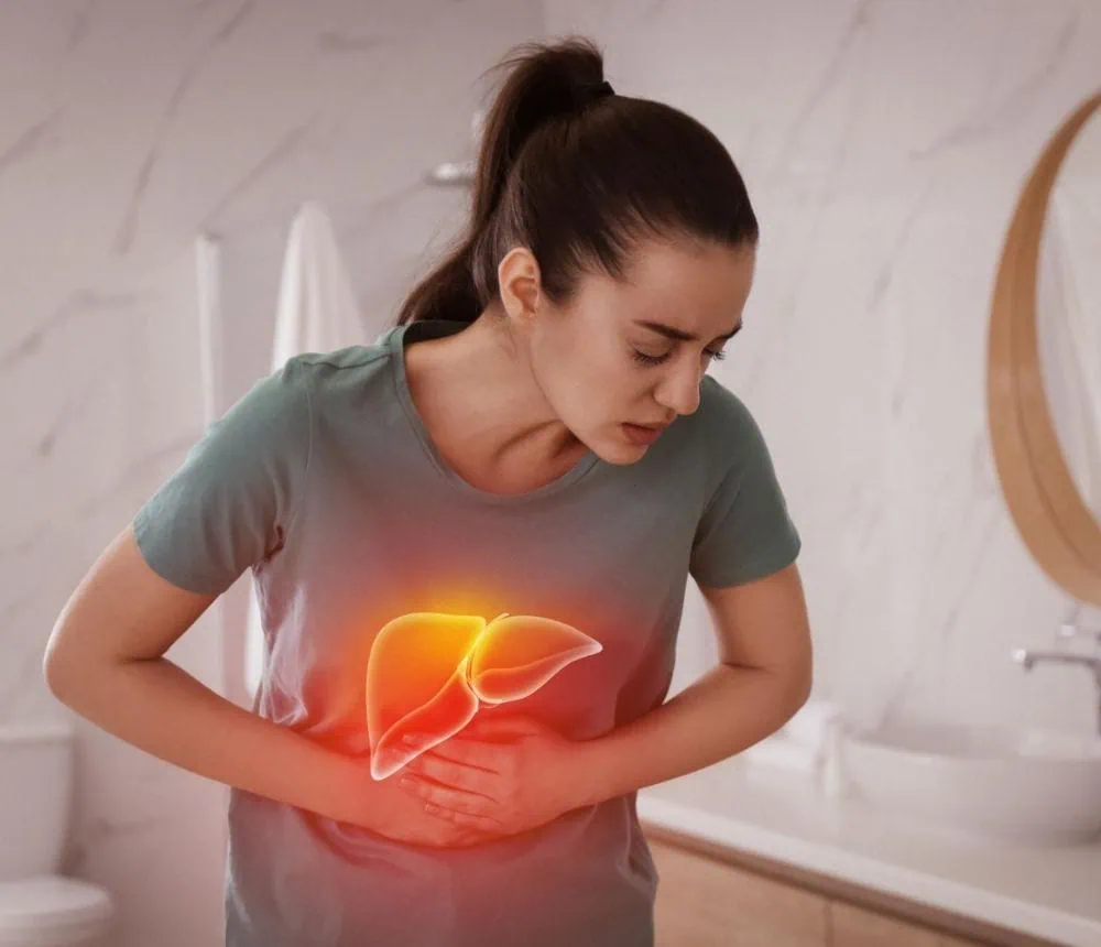 A woman holding her stomach with a glowing liver illustration over her abdomen.