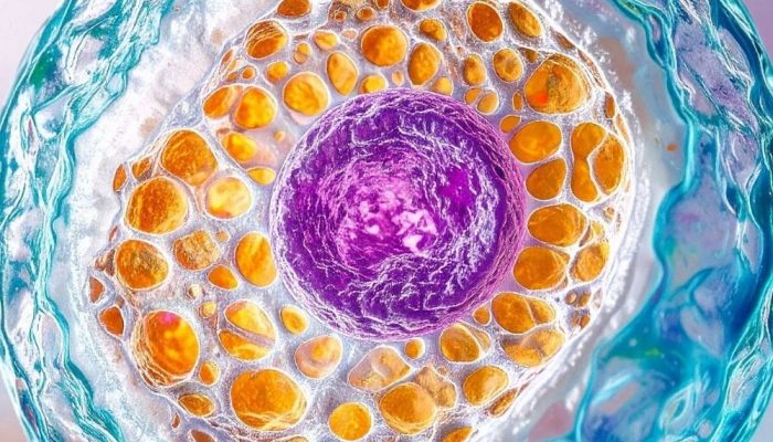 A healthy cell with orange and purple structures, surrounded by a clear blue environment.