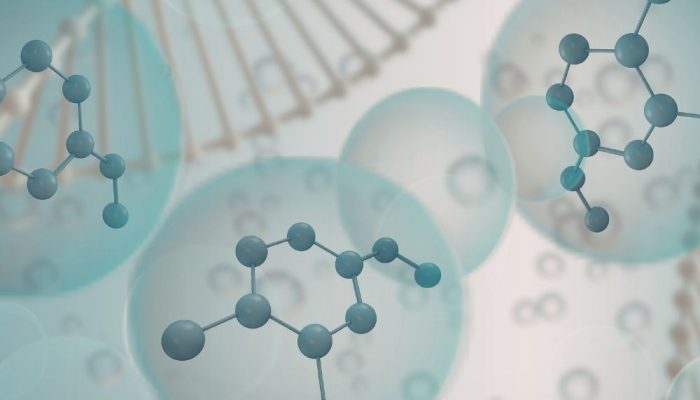 A DNA double helix with molecular structures and spherical representations of molecules.
