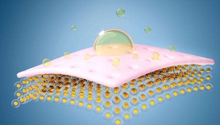 A clear illustration of collagen biostimulation with a droplet on a pink surface and microscopic par.