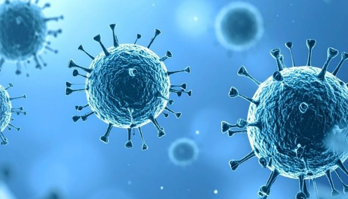 A virus particle with spike proteins floating in a blue background.