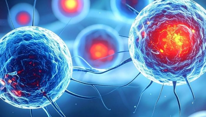 Enhanced immune cells with glowing centers and connecting filaments in a digital illustration.